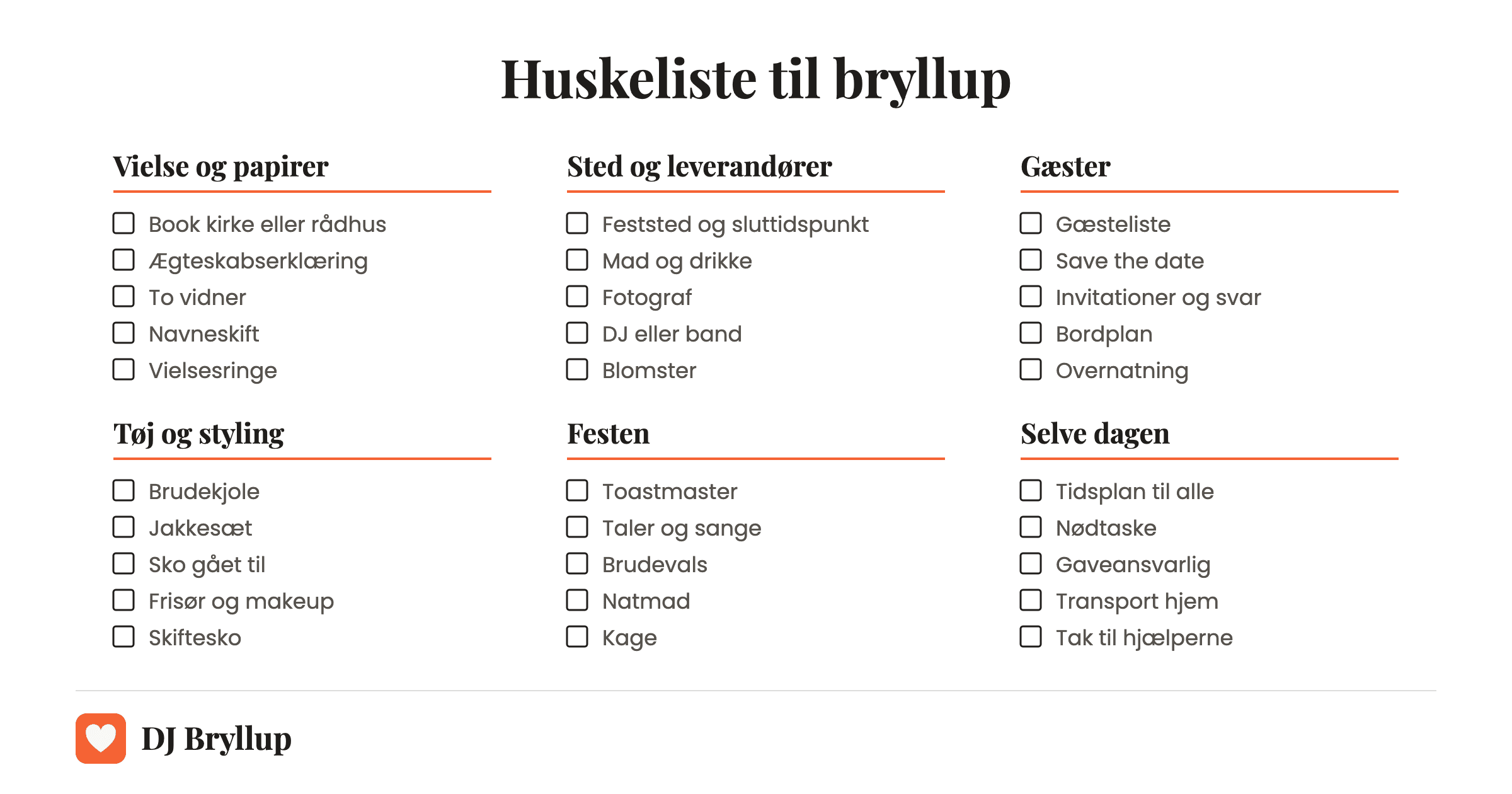 Huskeliste til bryllup til at printe med seks felter: vielse og papirer, sted og leverandører, gæster, tøj og styling, festen og selve dagen